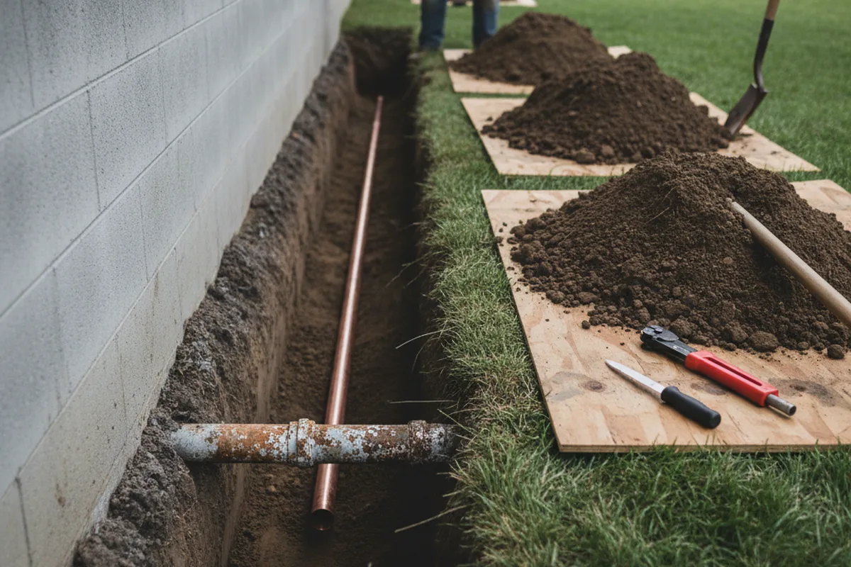 Excavated water line trench during Water Heater Repair in Diana